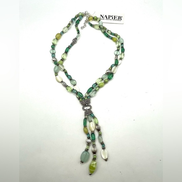 Napier Silver Tone Beaded Necklace Blue Green White Beads Lariat Style Necklace - Picture 11 of 11